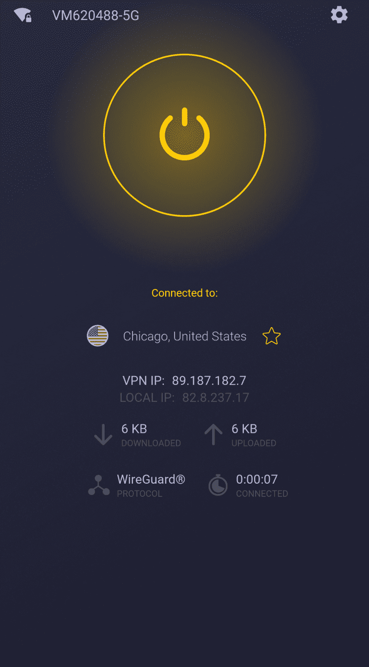 موجود در برنامه موبایل CyberGhost USA متصل به سرور