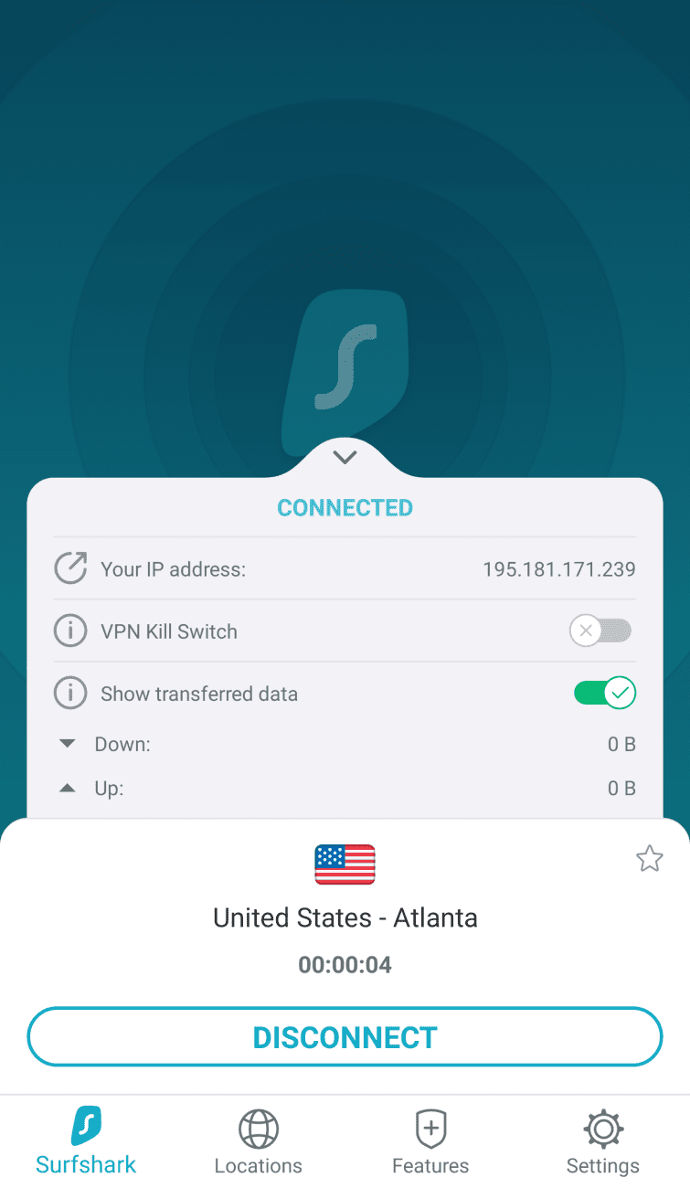   موجود در SurfShark USA A تلفن همراه برنامه متصل به سرور VPN 